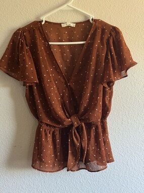 Brown Polka Dot Tie-Front Peplum Blouse